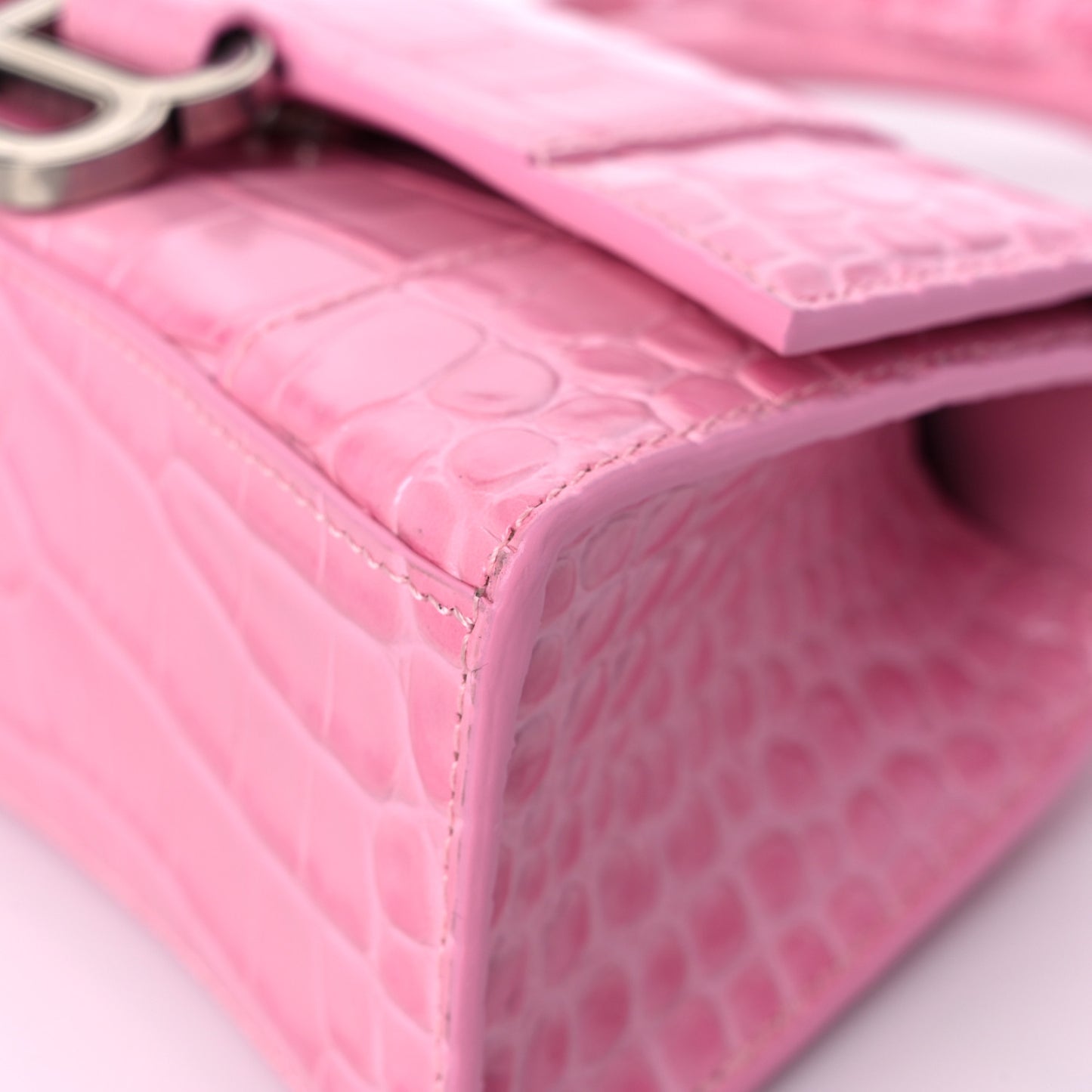Shiny Calfskin Crocodile Embossed Hourglass Top Handle Bag XS Pink