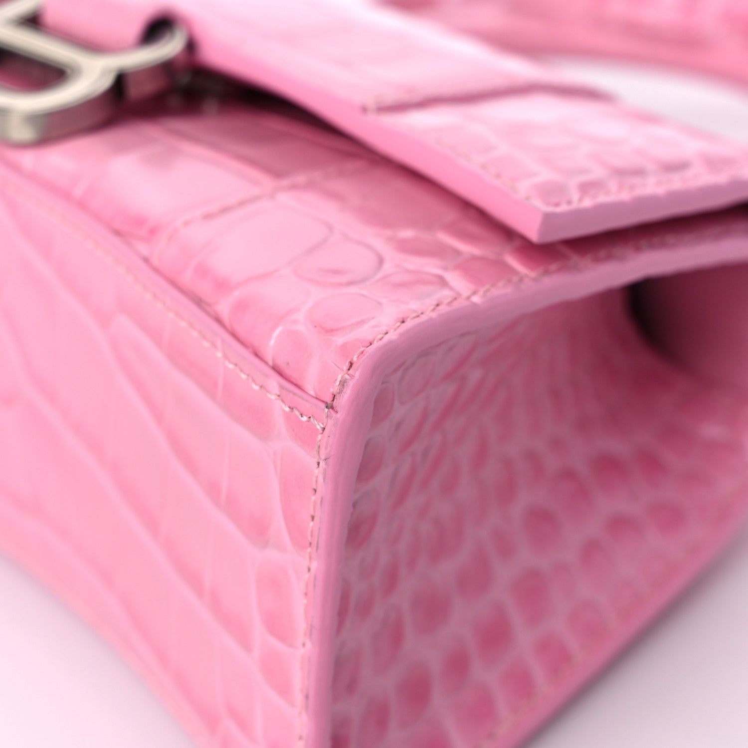 Balenciaga Shiny Calfskin Crocodile Embossed Hourglass Top Handle Bag XS Pink 9 of 12
