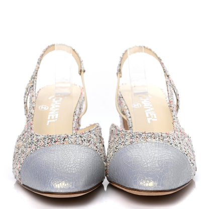 Chanel Tweed Cap Toe CC Slingback Pumps 38.5 Silver Grey 2 of 7