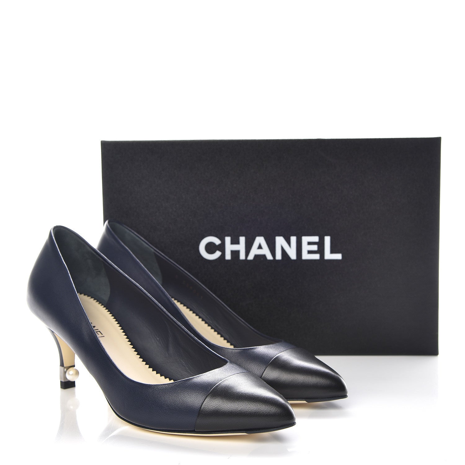 Chanel Lambskin Pearl Cap Toe Pumps 37 Navy Blue Black 9 of 9