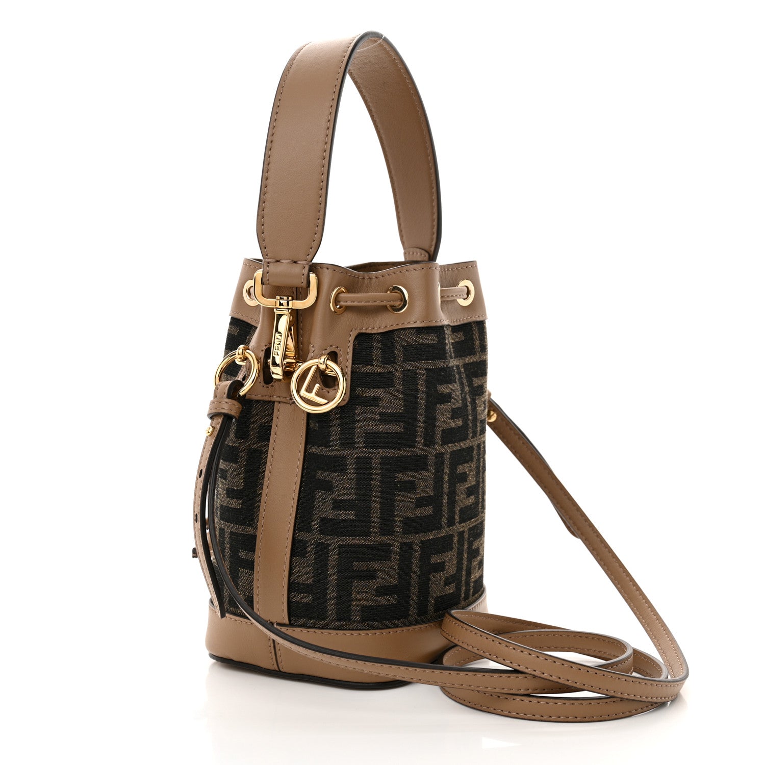 Fendi Fabric Jacquard Vitello Grace FF 1974 Mini Mon Tresor Bucket Bag Tobacco Moro Sand 3 of 11