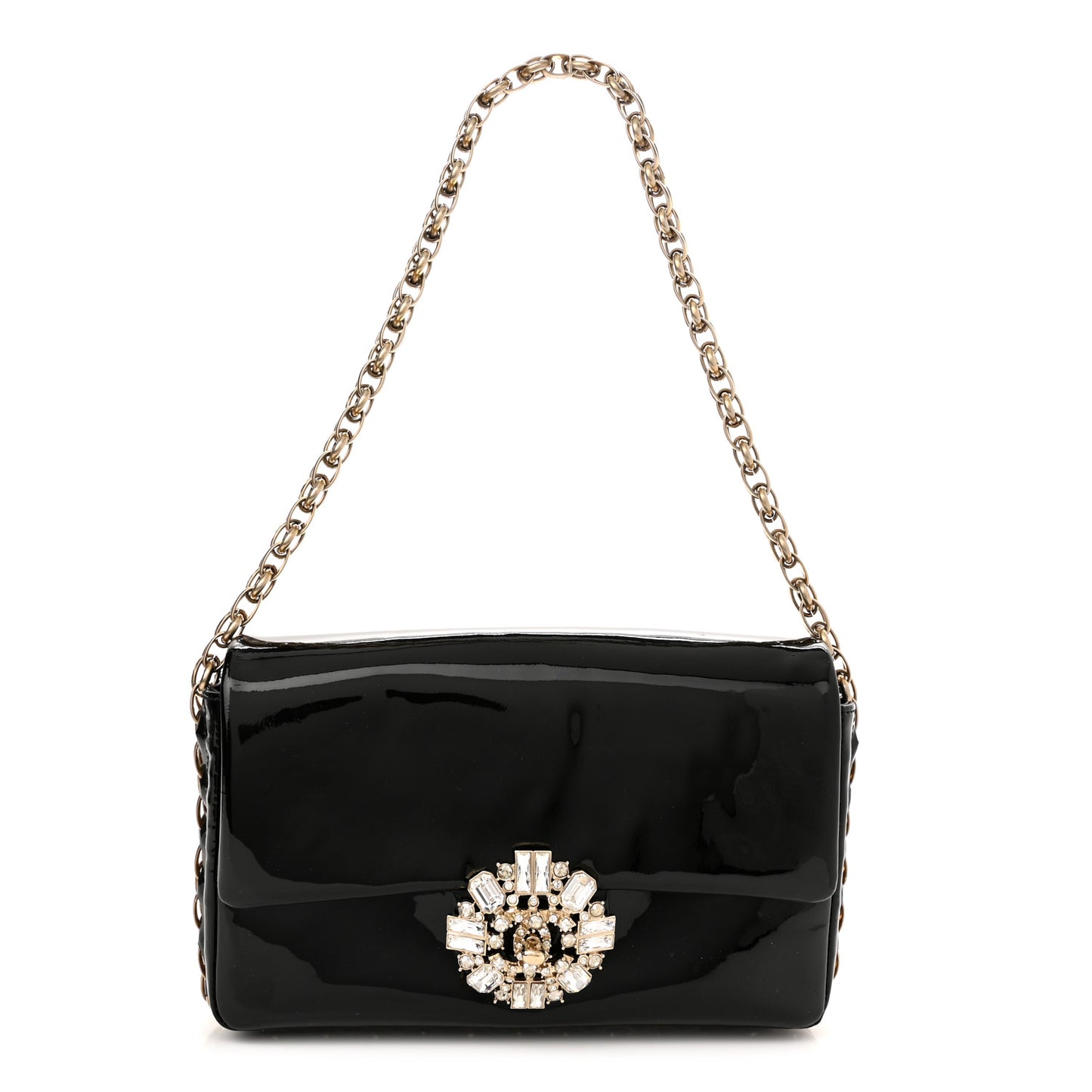 Patent Baguette Crystal CC Flap Bag Black