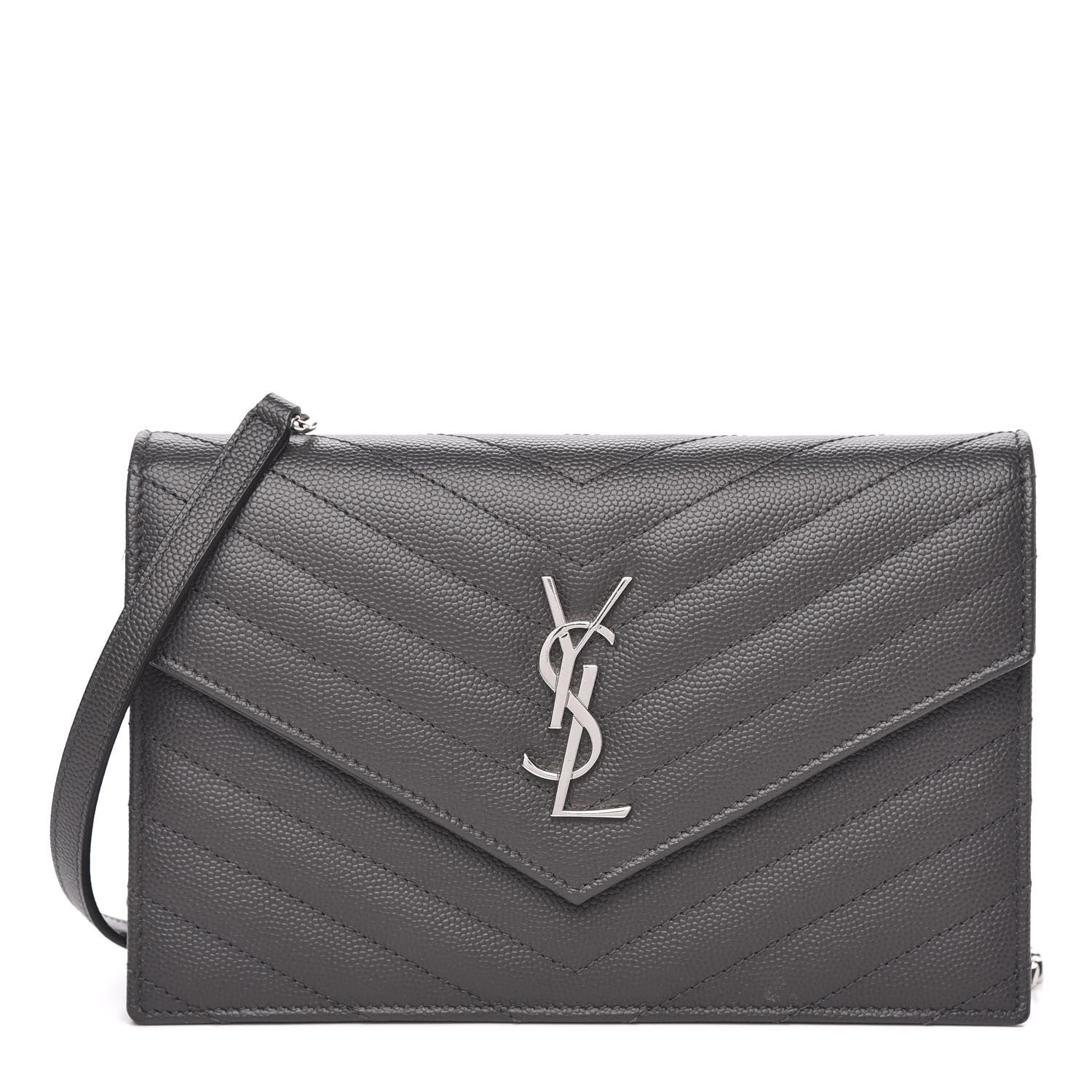 Saint Laurent Grain De Poudre Matelasse Chevron Monogram Envelope Chain Wallet Dark Smog 1 of 10