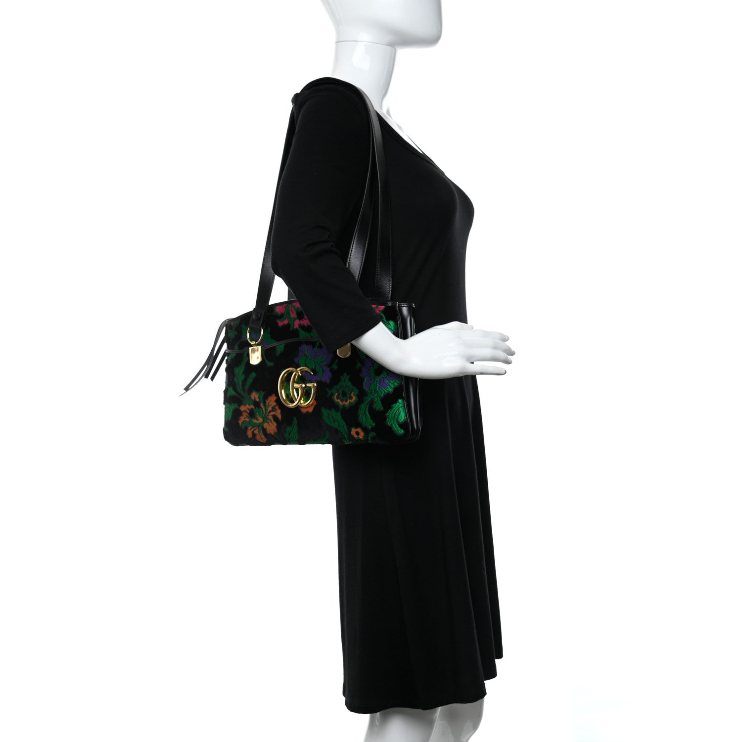 Gucci Velvet Jacquard Floral Embroidered Large Arli Top Handle Bag Black Green Multicolor 2 of 10