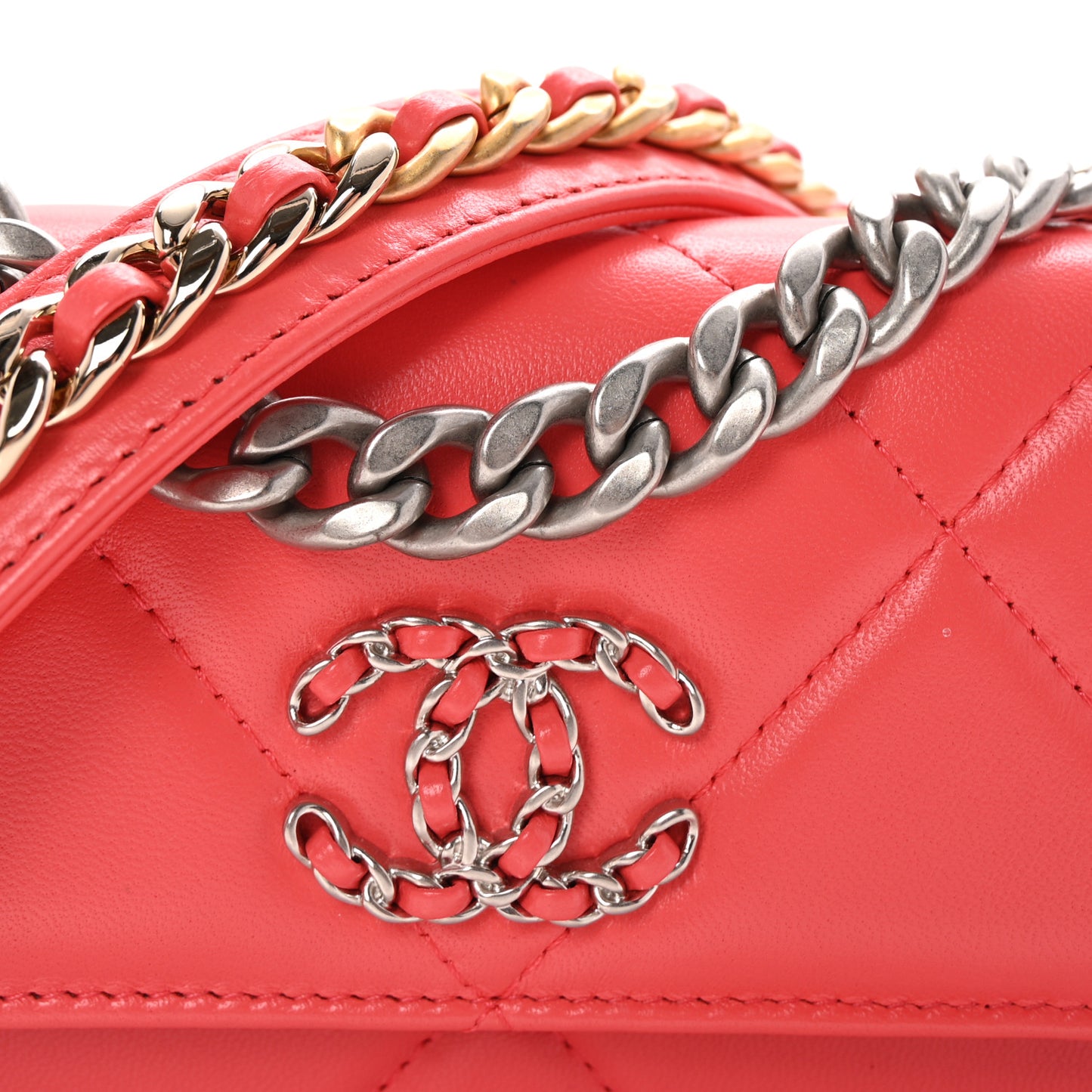 Lambskin Quilted Chanel 19 Flap Phone Holder With Chain Coral