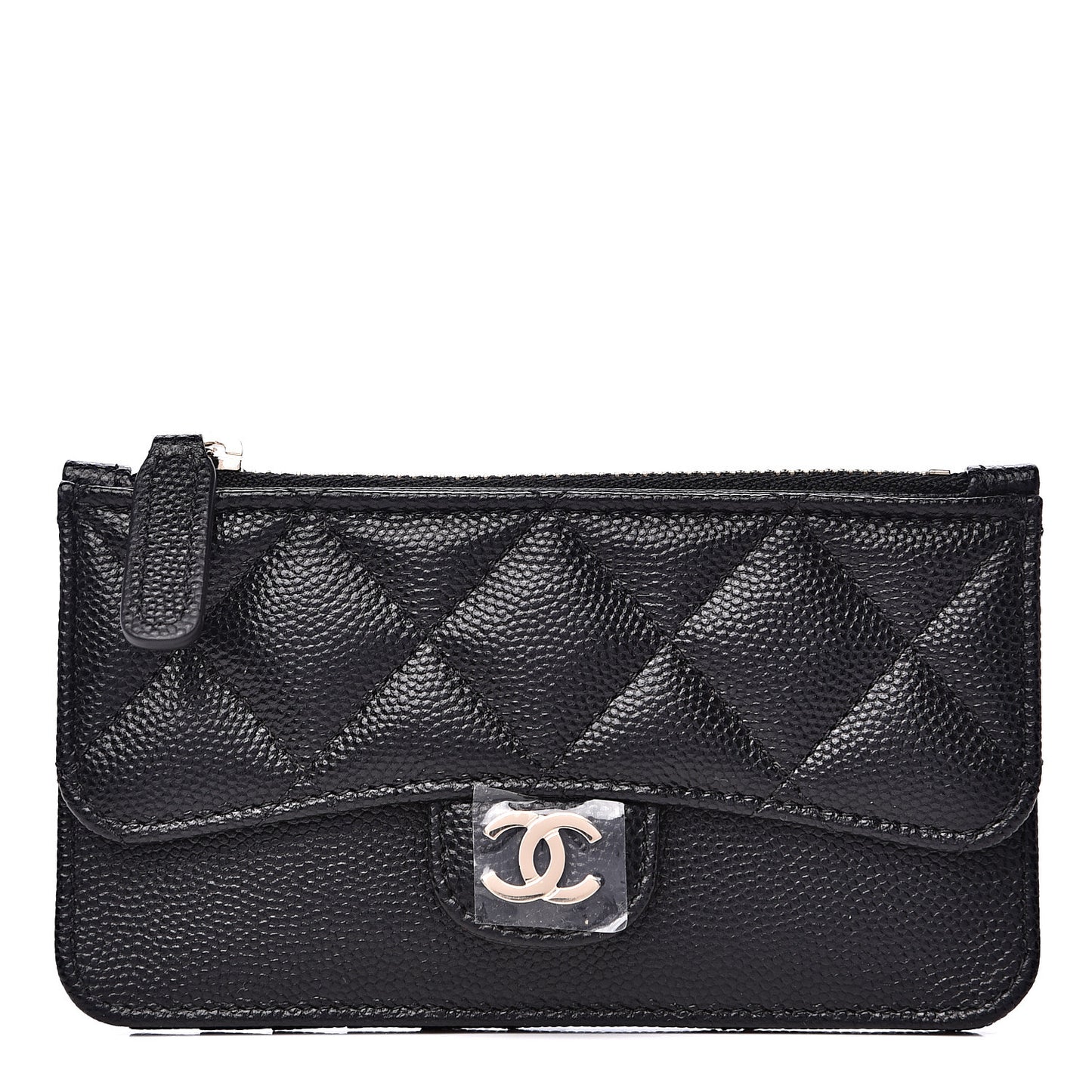 Caviar Quilted Flap Zip Card Holder Black