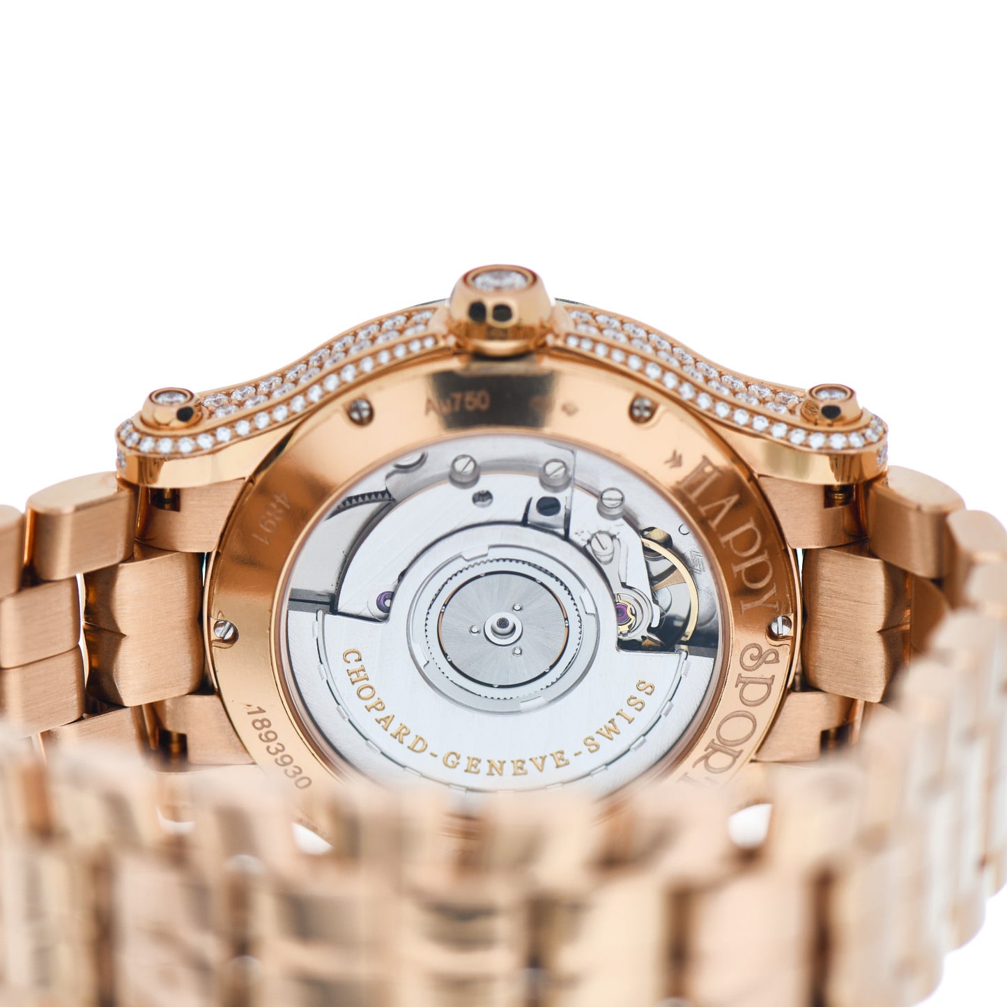 18K Rose Gold Diamond Mother of Pearl Multicolor Sapphire 36mm Happy Sport Automatic Watch