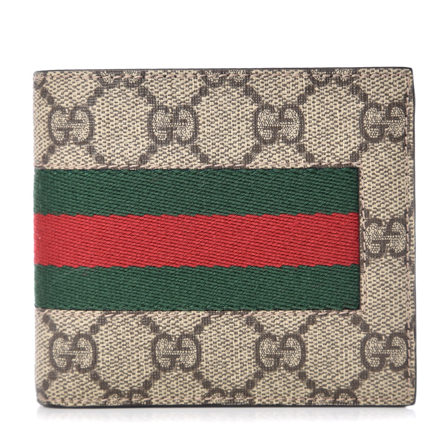 Gucci GG Supreme Monogram Selleria Calfskin Web New Web Bi-Fold Coin Wallet Beige Ebony Cocoa 1 of 8