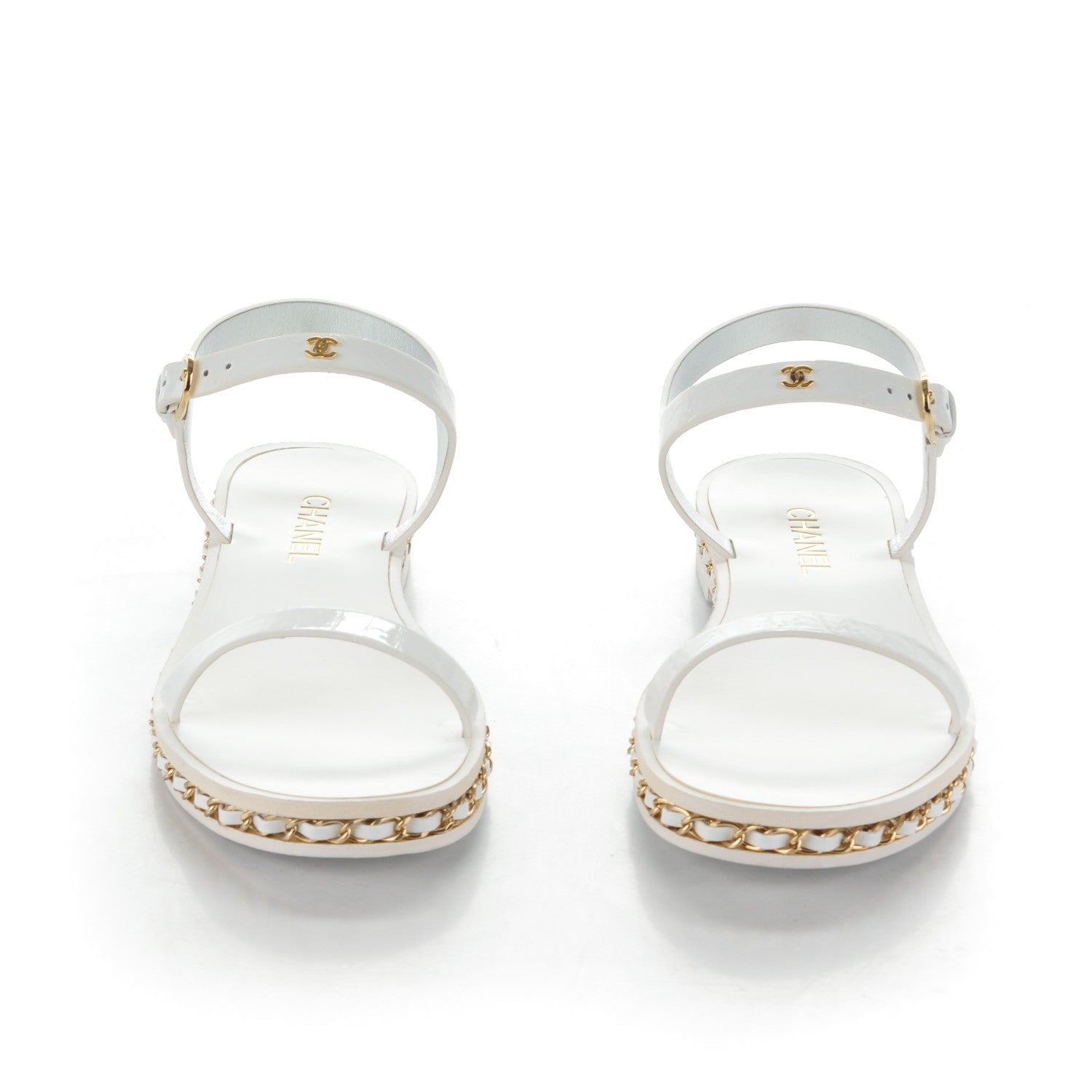 Chanel Cumpled Patent Calfskin. Chain Flat Sandals 38 White 2 of 8