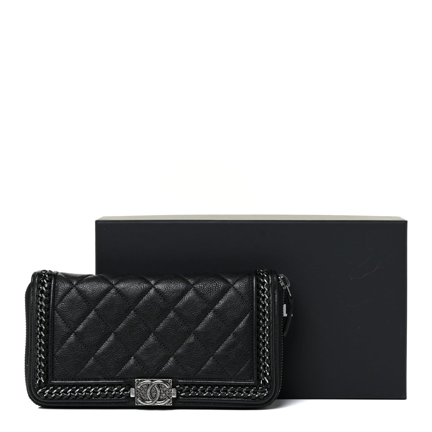 Calfskin Quilted Boy Chain Large Gusset Zip Around Wallet Black