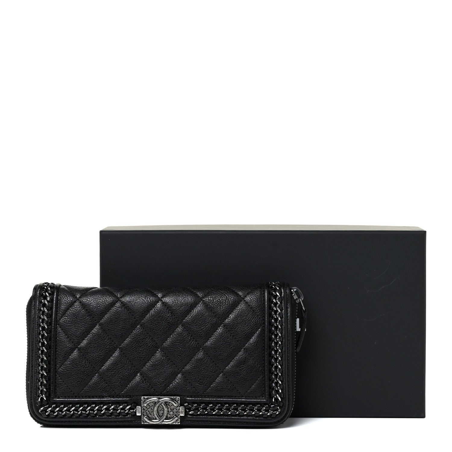 Chanel Calfskin Quilted Boy Chain Large Gusset Zip Around Wallet Black 15 of 15
