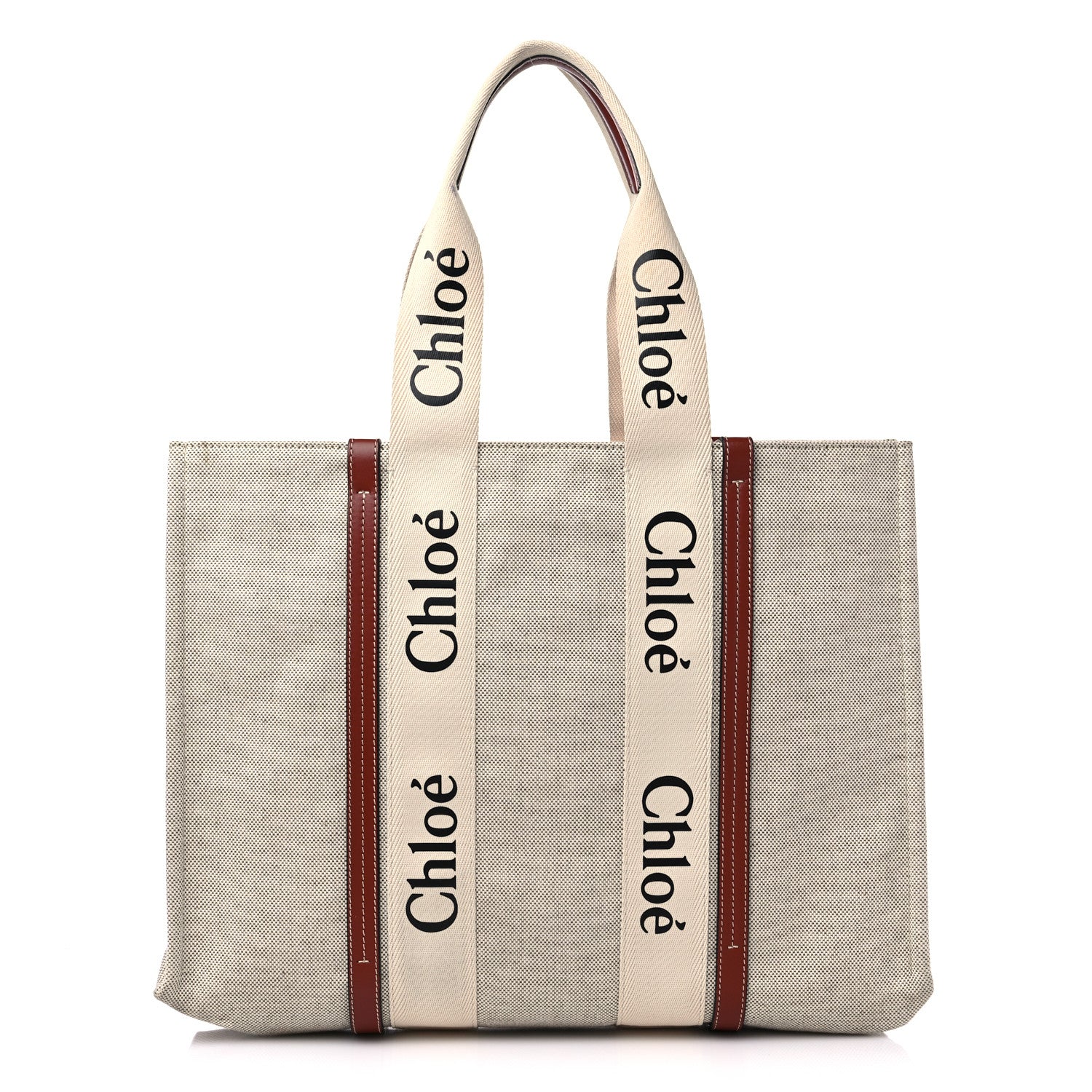 Chloe Cotton Calfskin Large Woody Ribbon Tote White Brown 1 of 14