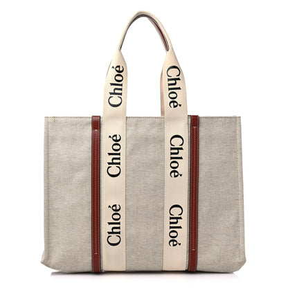 Chloe Cotton Calfskin Large Woody Ribbon Tote White Brown 1 of 14
