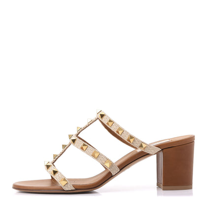 Valentino Garavani Raffia Calfskin Rockstud 60mm Caged Slide Sandals 39 Naturale 1 of 9