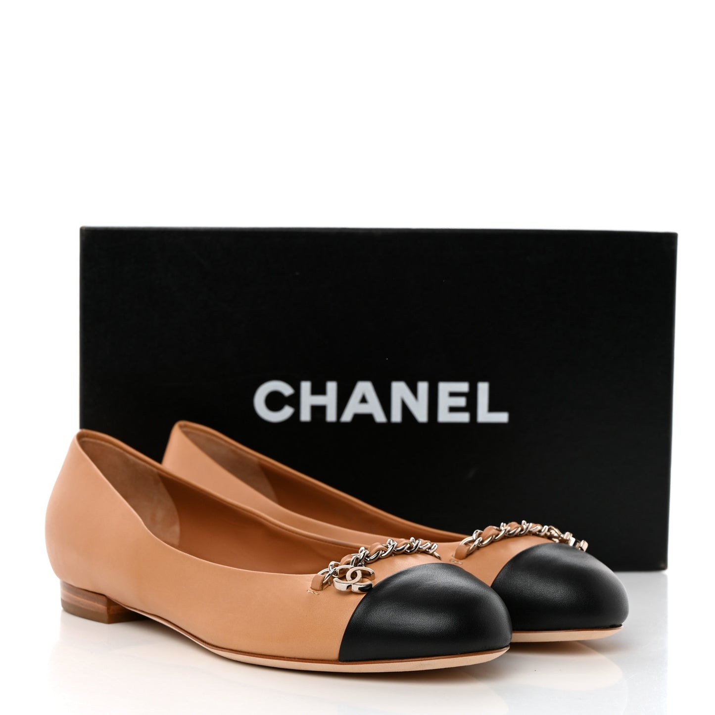 Lambskin Cap Toe Chain Ballerina Flats 37 Beige Black