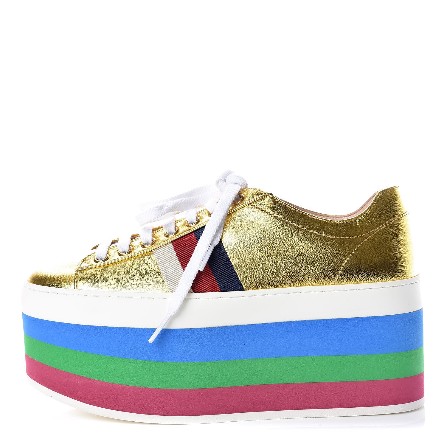 Gucci Metallic Nappa Sylvie Web Peggy Platform Sneakers 35.5 Oro Vecchio 1 of 11