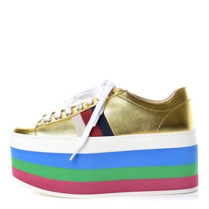 Gucci Metallic Nappa Sylvie Web Peggy Platform Sneakers 35.5 Oro Vecchio 1 of 11