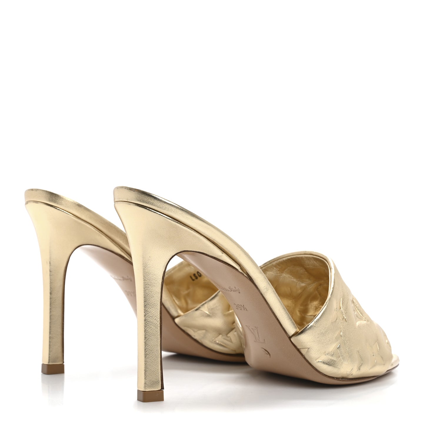 Metallic Lambskin Embossed Monogram Revival High Heel Mules 39.5  Gold
