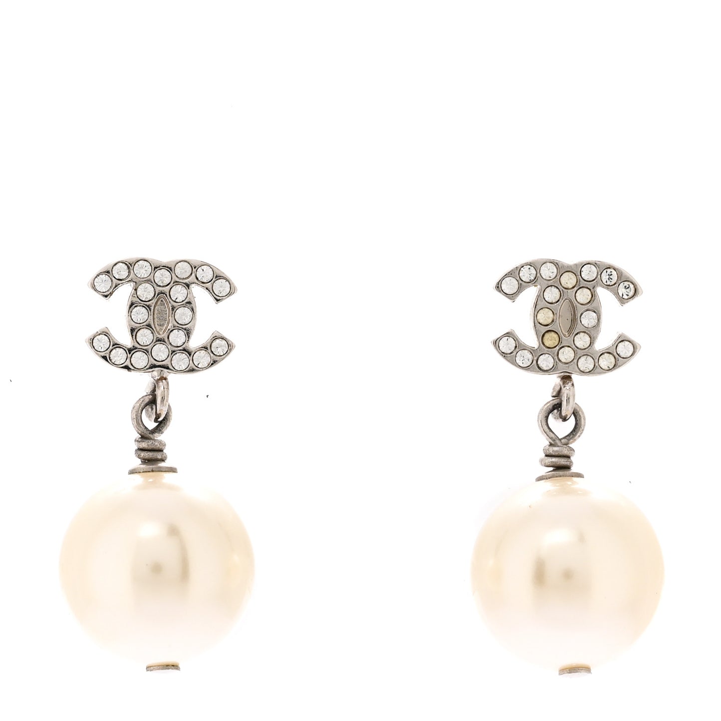 Crystal Pearl CC Drop Earrings Silver Pearly White