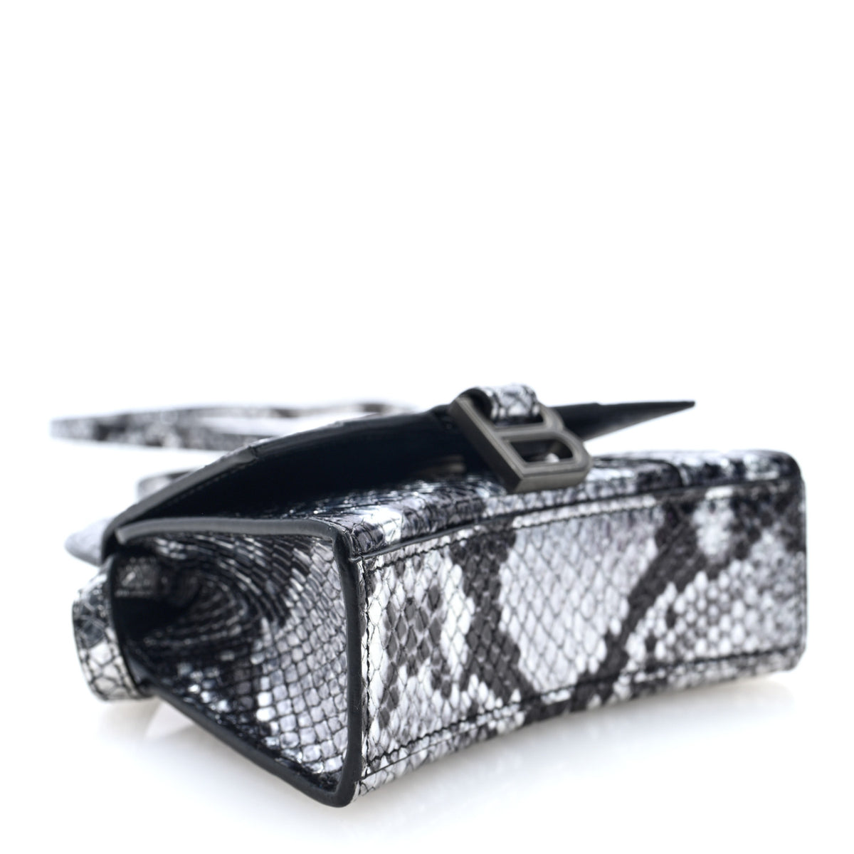 Shiny Calfskin Snakeskin Effect Hourglass Top Handle Bag Mini Silver Black