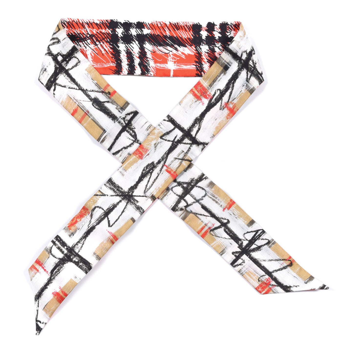 Silk Disruptive Check Scribble Print Skinny Scarf Bright Red