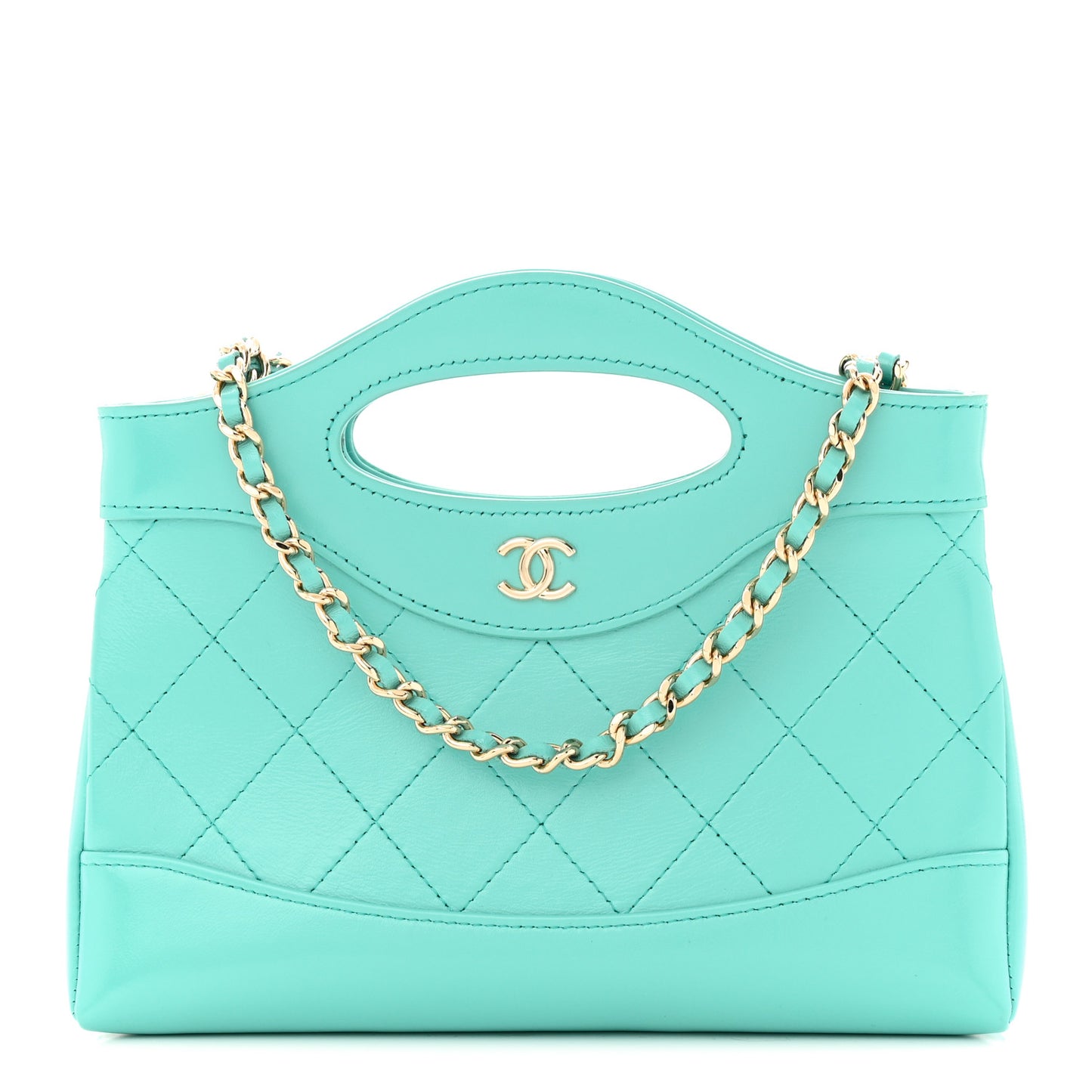Shiny Crumpled Calfskin Quilted Nano 31 Shopping Bag Turquoise