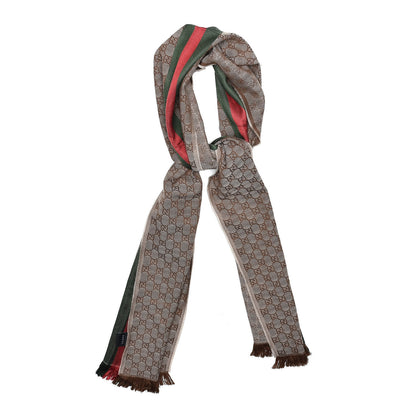Gucci Wool Silk GG Monogram Web Verbier Fringe Scarf Light Brown Dark Green 1 of 4