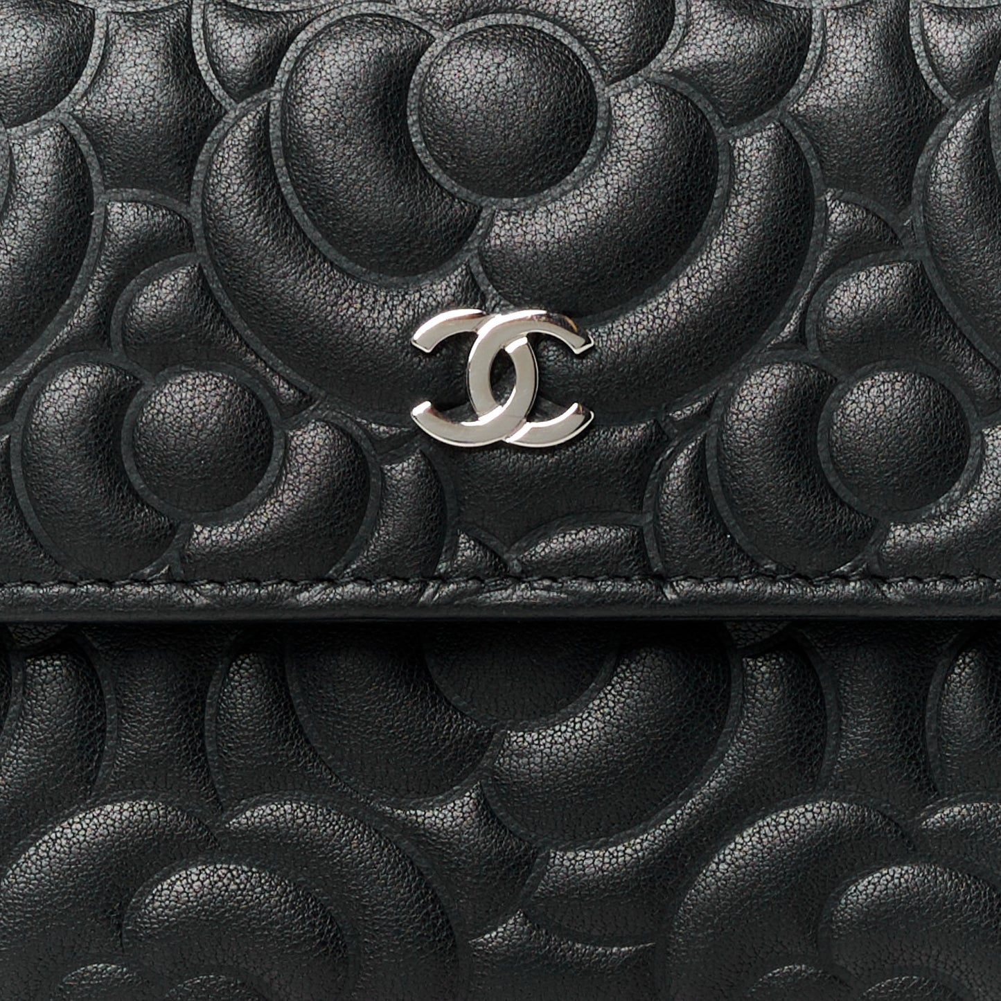 Lambskin Embossed Camellia Large Gusset Flap Wallet Black