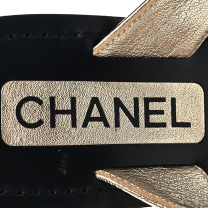 Chanel Metallic Laminated Goatskin Grosgrain Bow Pearl Thong Sandals 37 Gold 8 of 8