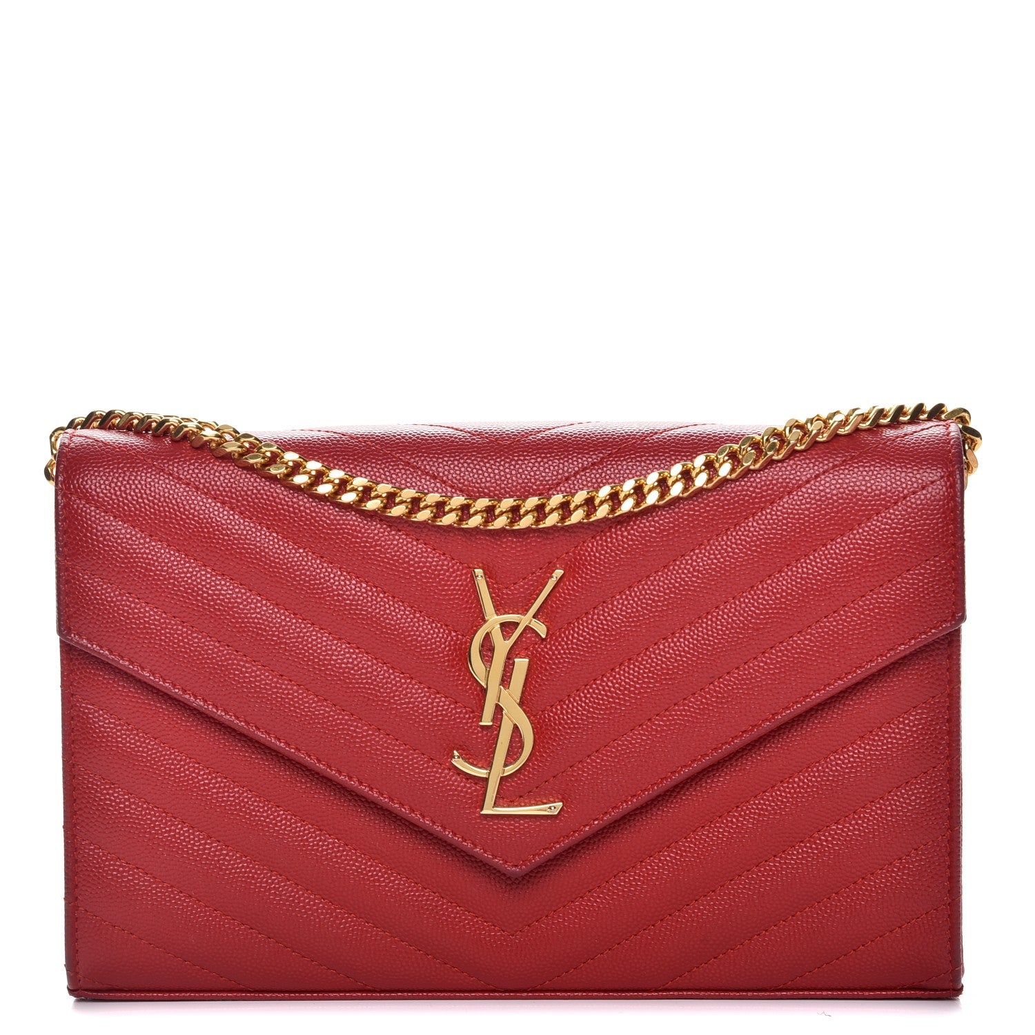 Saint Laurent Grain De Poudre Matelasse Chevron Monogram Chain Wallet New Red 1 of 12