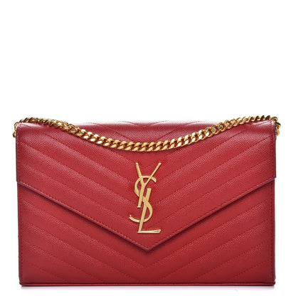 Saint Laurent Grain De Poudre Matelasse Chevron Monogram Chain Wallet New Red 1 of 12