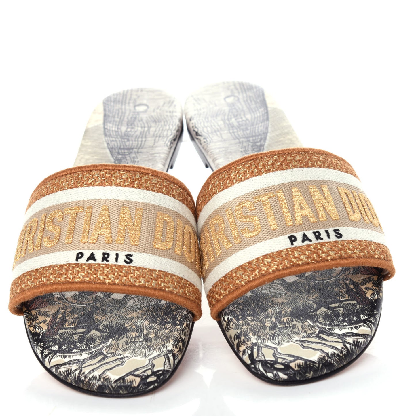 Canvas Lurex Baobab Embroidered Dway Flat Slide Sandals 36.5 Beige