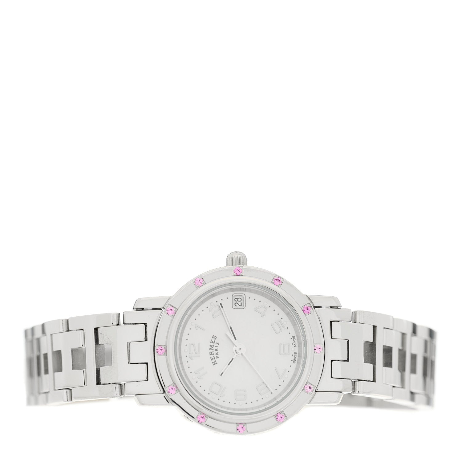 Hermes Stainless Steel Pink Sapphire Mother of Pearl 24mm Clipper Nacre Quartz Watch 2 of 4