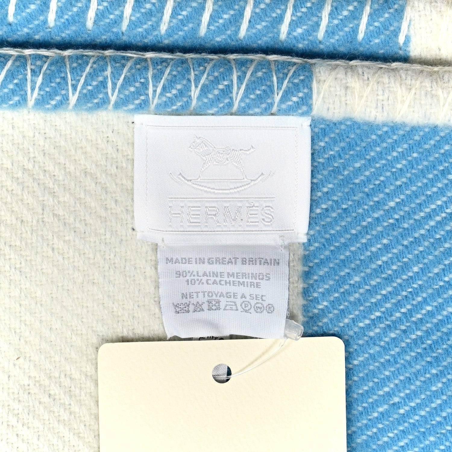Hermes Wool Cashmere Avalon Baby Blanket Bleu Genievre White 3 of 3