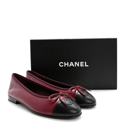 Chanel Lambskin Cap Toe CC Ballerina Flats 38.5 Burgundy Black 9 of 9