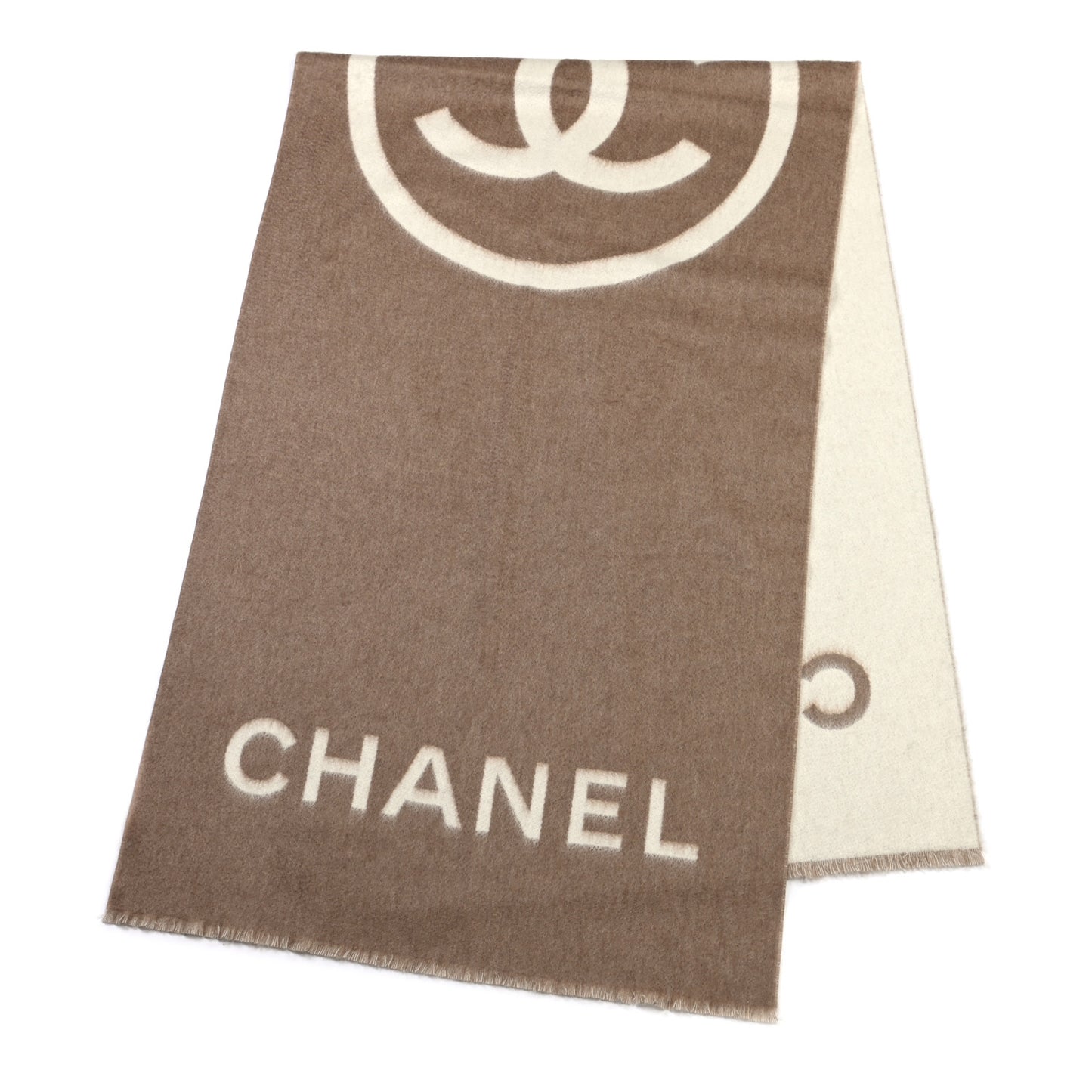 Cashmere CC Fringe Stole Beige White