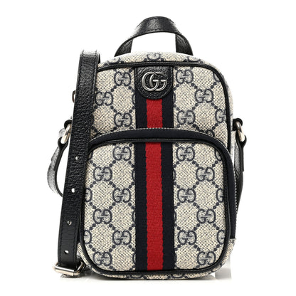 Gucci GG Supreme Monogram Textured Dollar Calfskin Web Mini Ophidia Double Zip Messenger Bag Beige Blue 1 of 10