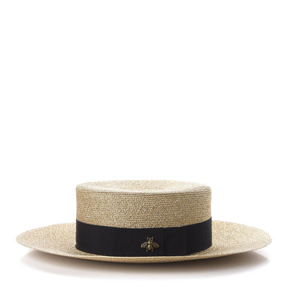 Gucci Glittered Straw Grosgrain Wide Brim Hat L Gold Black 5 of 10