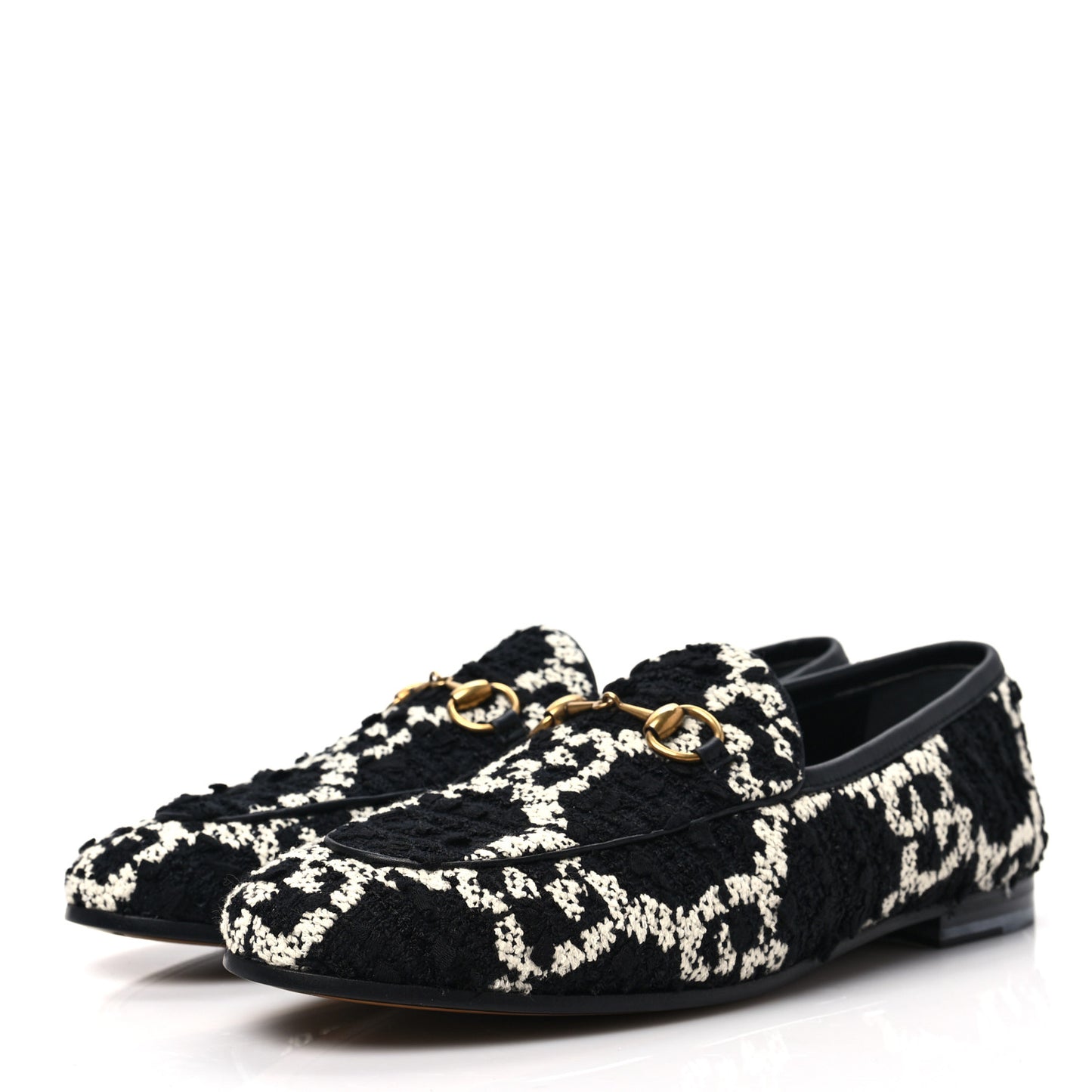 Tweed GG Monogram Horsebit Womens Jordaan Loafers 37.5 Black Natural