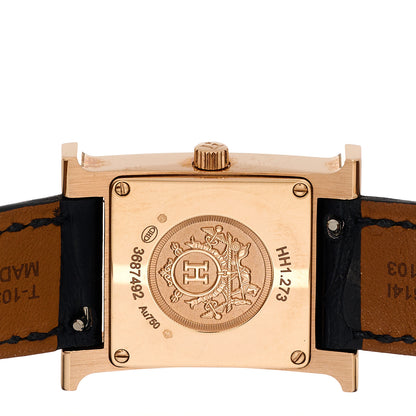 Hermes 18K Rose Gold Alligator Diamond Bezel Mother of Pearl 21mm Heure H Hour Quartz Watch Noir 4 of 5