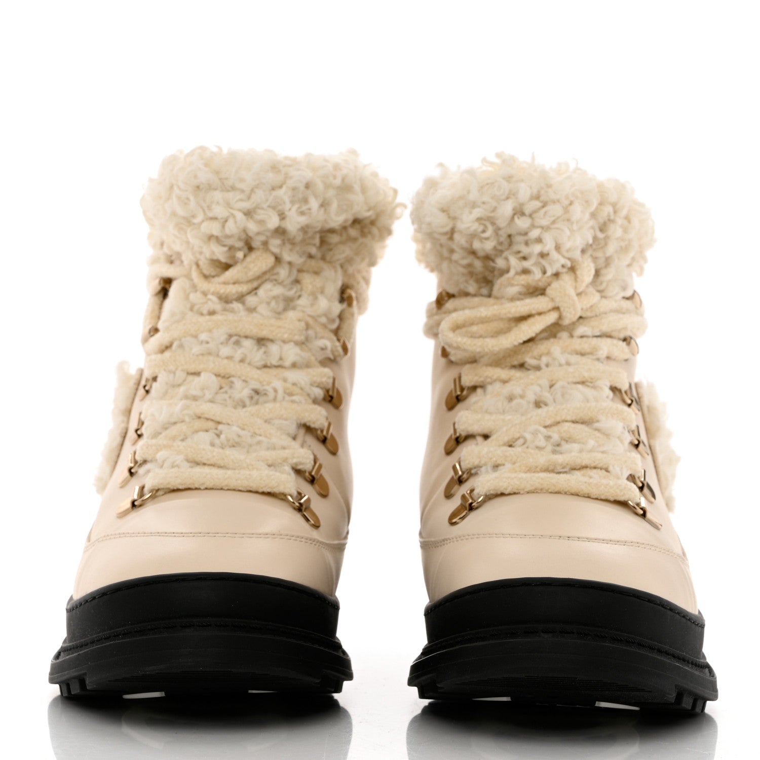 Chanel Calfskin Shearling CC Lace Up Boots 38 Light Beige Ivory 2 of 9