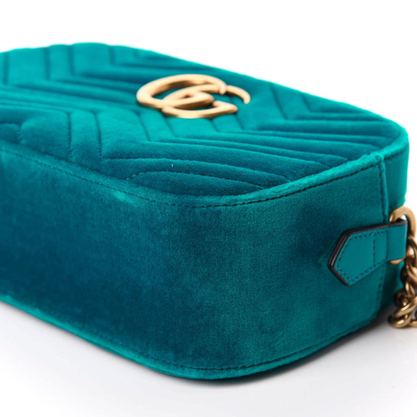 Velvet Matelasse Small GG Marmont Chain Shoulder Bag Pavone Cyan