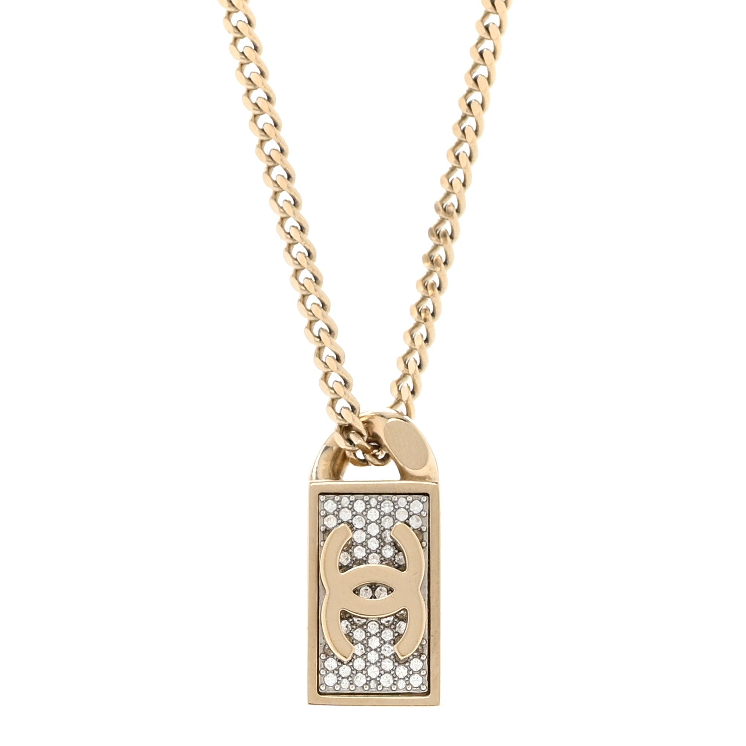 Chanel Crystal Dog Tag Charm Necklace Gold 4 of 7
