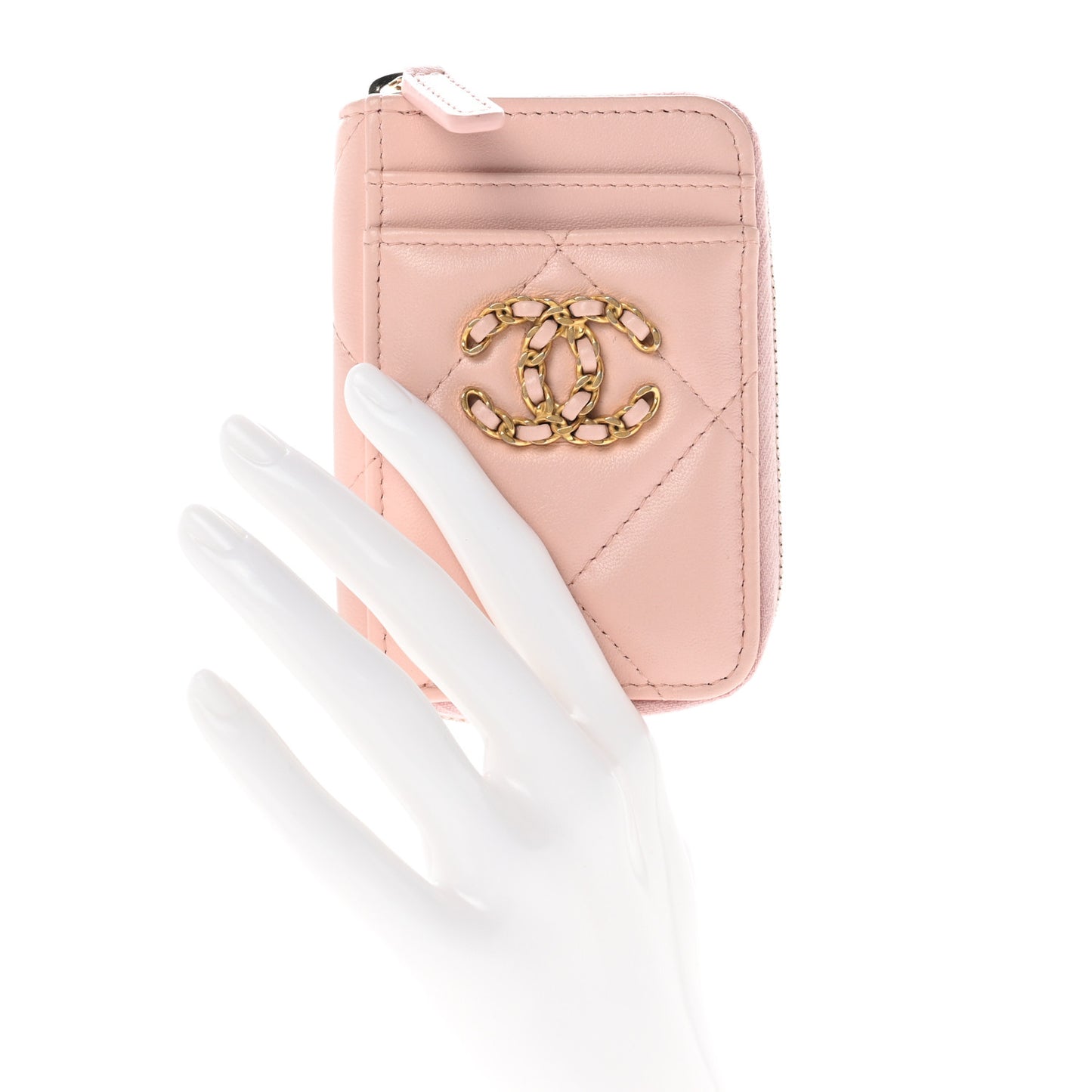 Lambskin Quilted Chanel 19 Vertical Zip Card Holder Wallet Light Pink