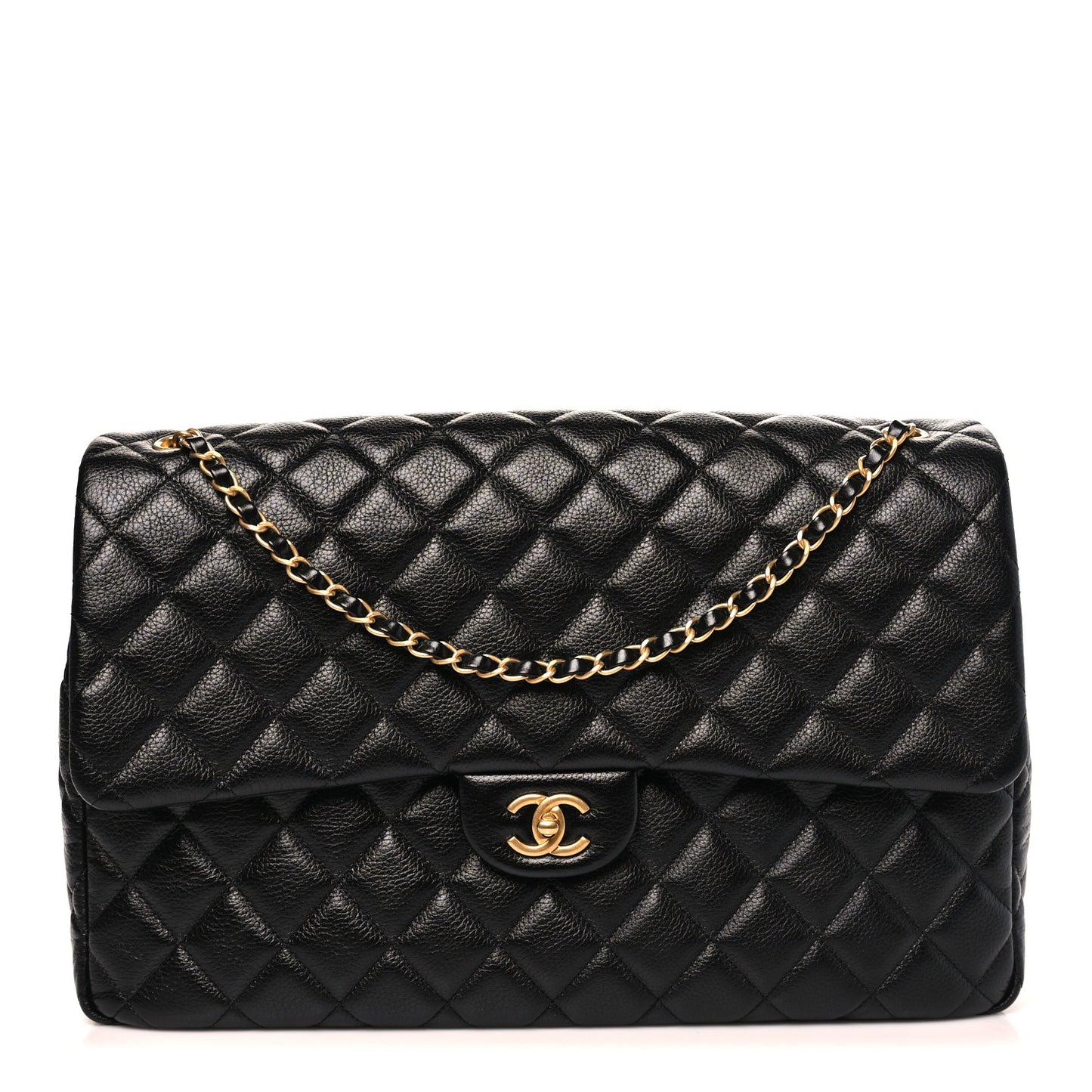 Grained Calfskin Quilted XXL Travel Flap Bag Black