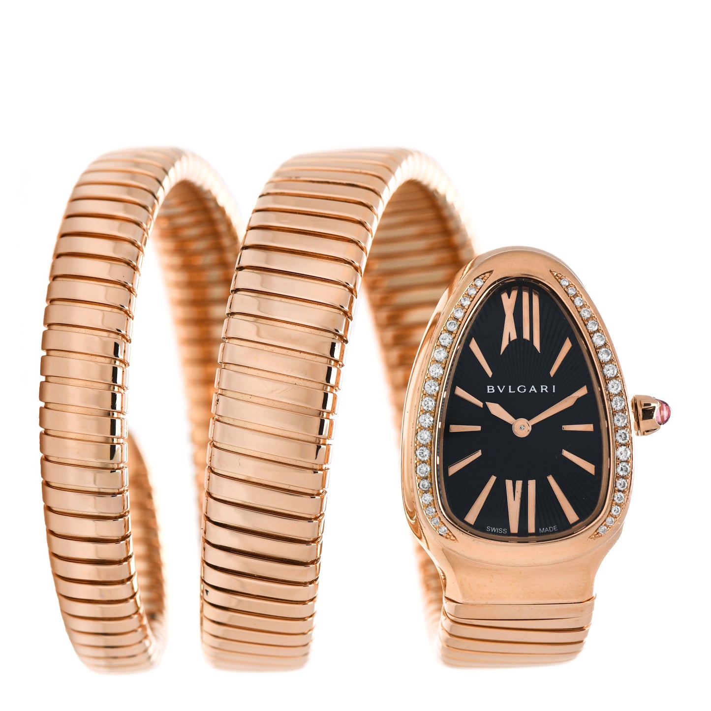 18K Rose Gold Diamond Bezel 35mm Serpenti Tubogas Double Spiral Quartz Watch Black