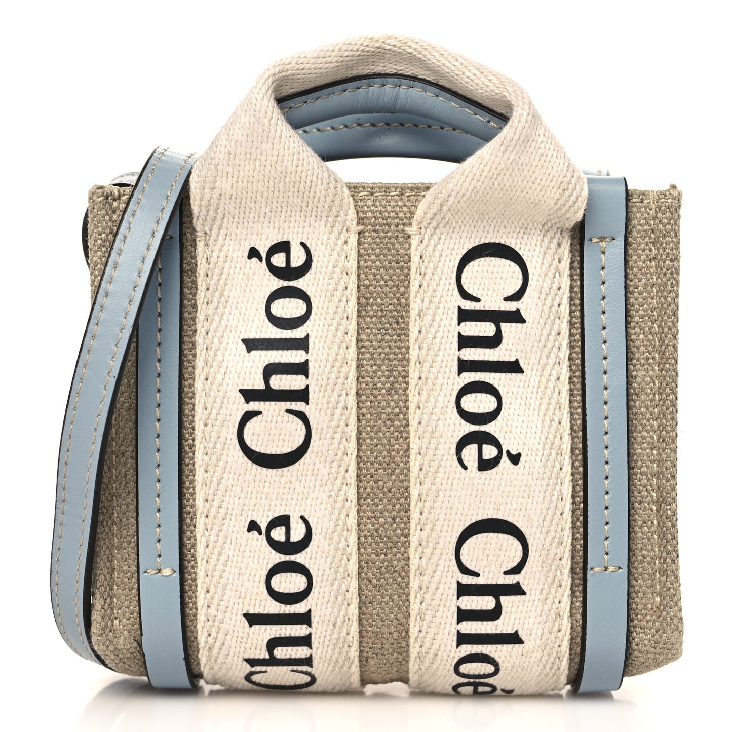 Cotton Calfskin Nano Woody Ribbon Tote With Strap White Blue