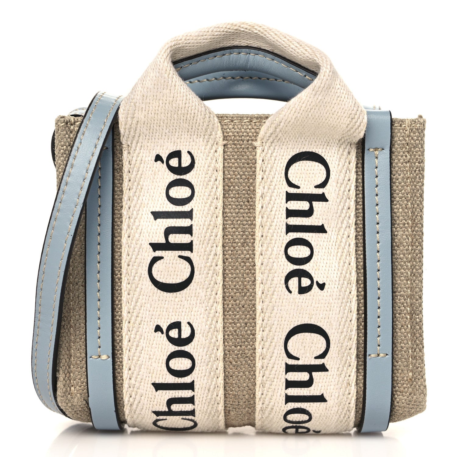 Chloe Cotton Calfskin Nano Woody Ribbon Tote With Strap White Blue 1 of 8