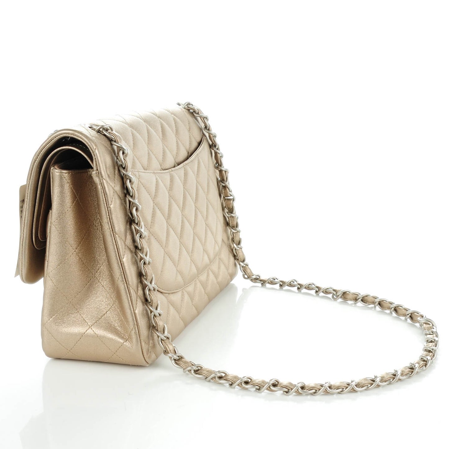 Metallic Lambskin Quilted Jumbo Double Flap Khaki