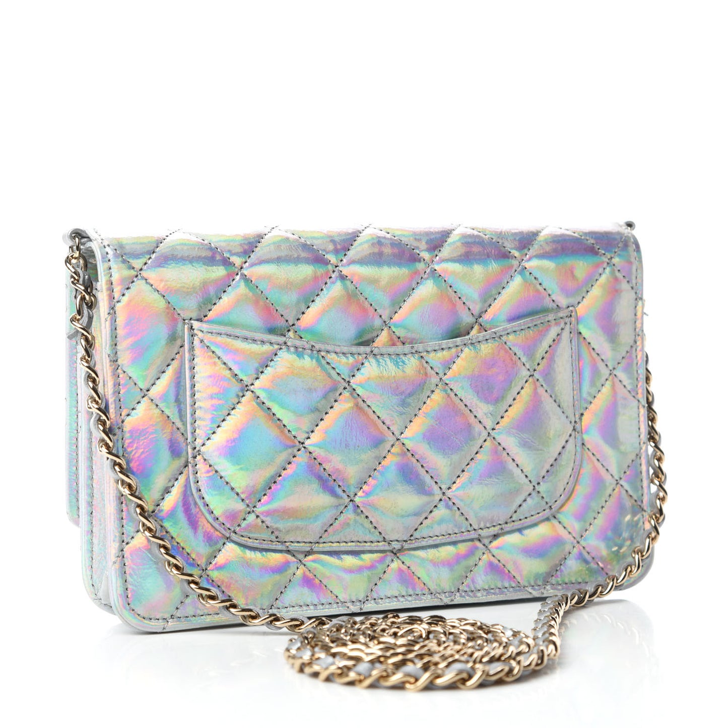 Iridescent Goatskin Quilted Wallet On Chain WOC Silver